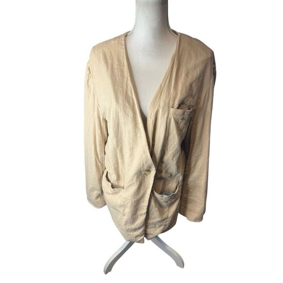 Free People Womens Linen Blame Blazwr Jack One Button Striped Lining Oversized M - Picture 1 of 6